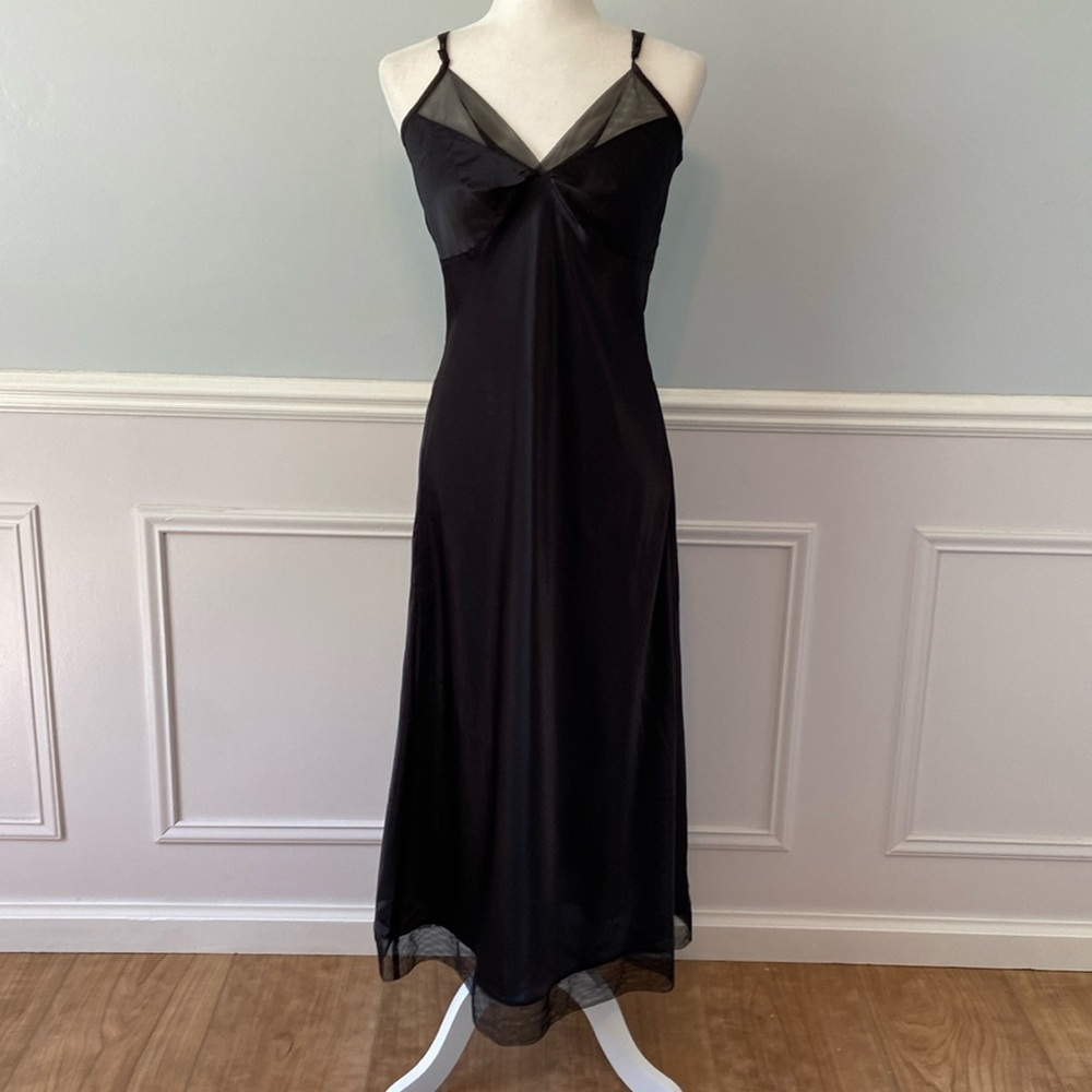 Cabernet Slip Dress Black Satin Mesh 90s 30s Style Bias Cut Pin Up Black Sz S - Picture 3 of 11